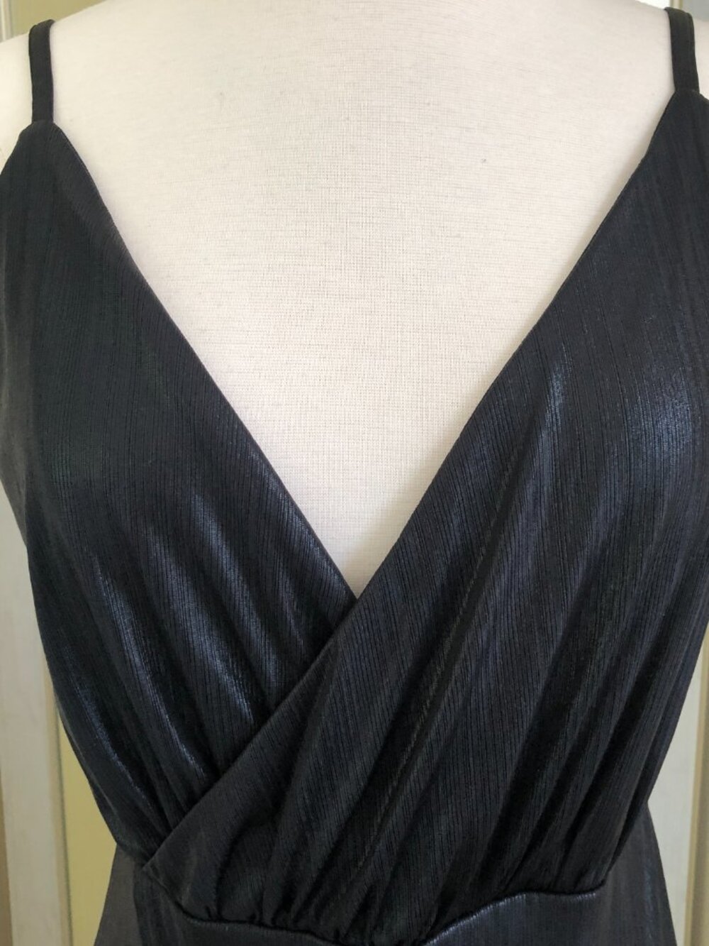Black Slinky Sleeveless Mini Slip Dress Large Deep V Sexy Going Out